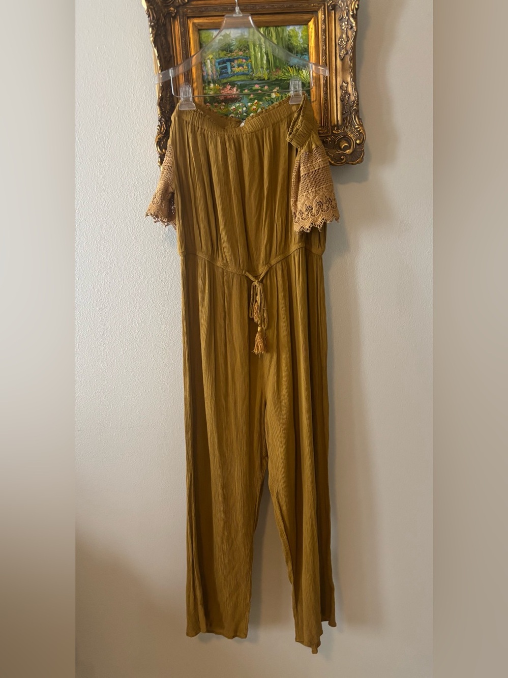 Blush Mustard Off-Shoulder Crochet Sleeve Jumpsuit